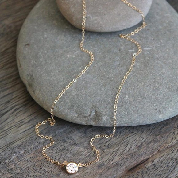 Dainty 14k Gold Solo CZ Diamond Necklace - Picture 7 of 7